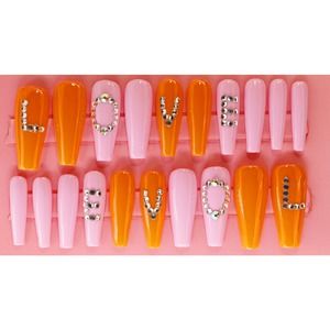 Be My Valentine Pink Love Long Coffin Gloss Finish Orange Press On Nails Long